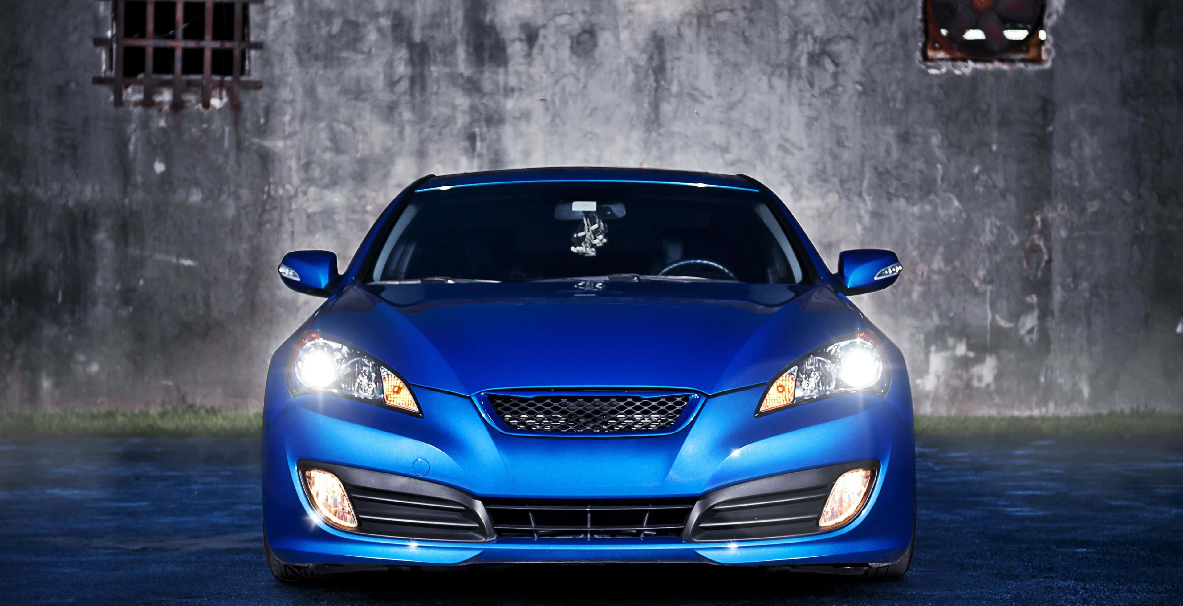 Hyundai Genesis, glossy blue, glowing headlights, 4K Desktop Wallpaper