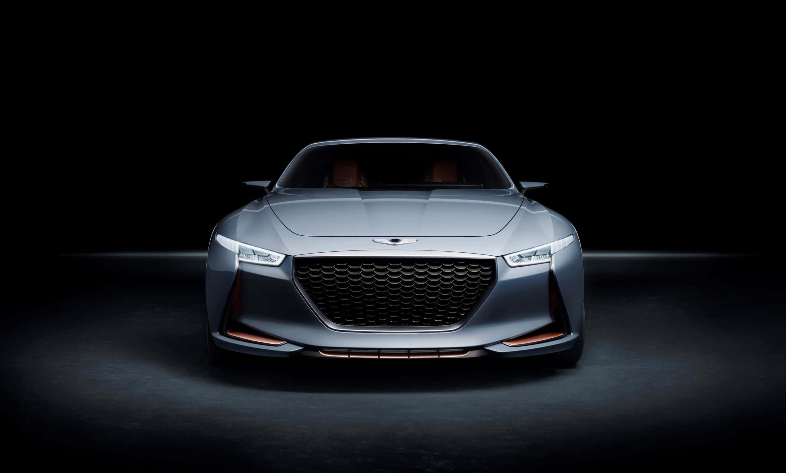 Hyundai Genesis, sleek silver concept car, glowing headlights, 2K Desktop Wallpaper