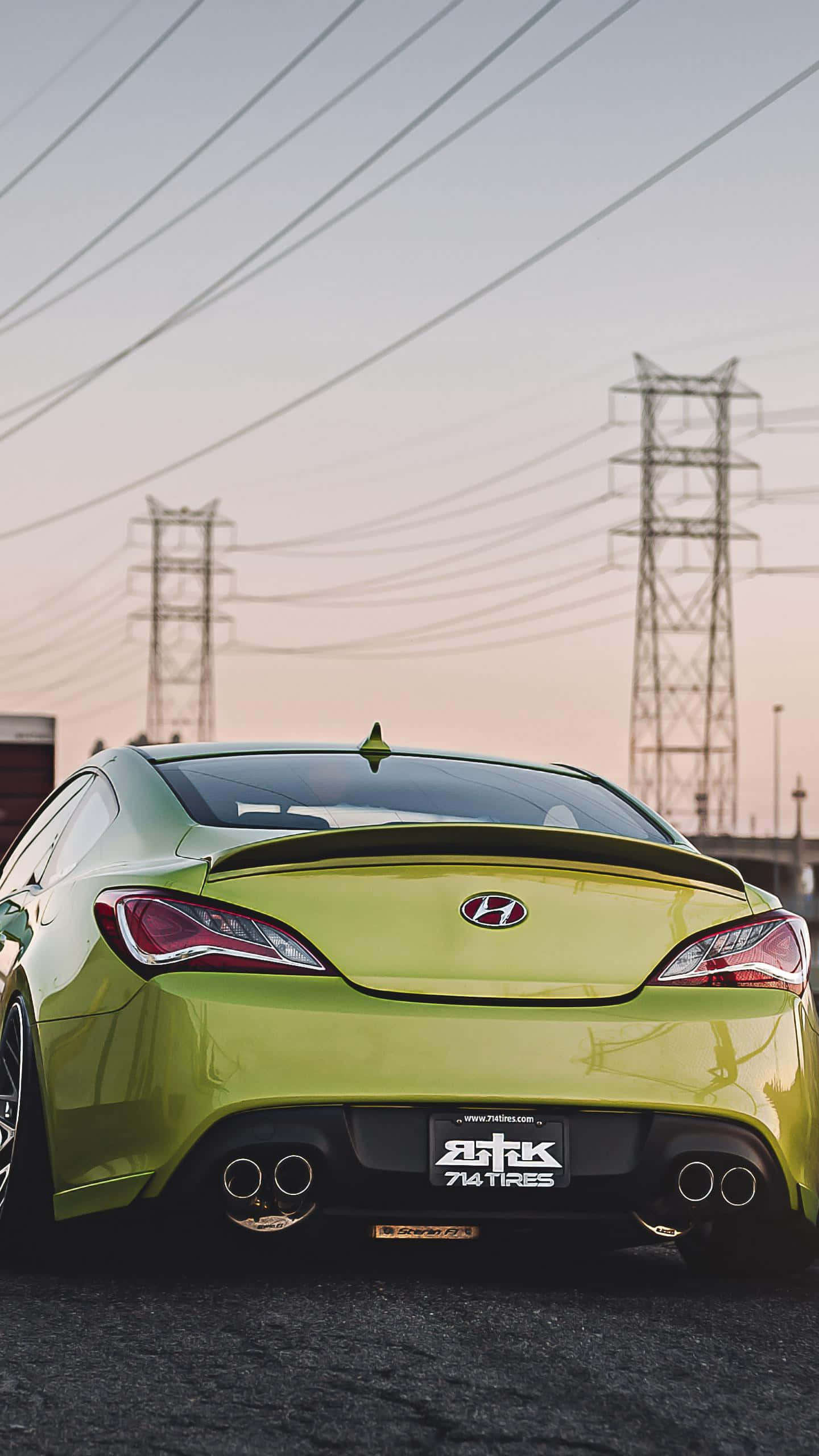 Hyundai Genesis, lime green, dual exhausts, 2K Phone Wallpaper