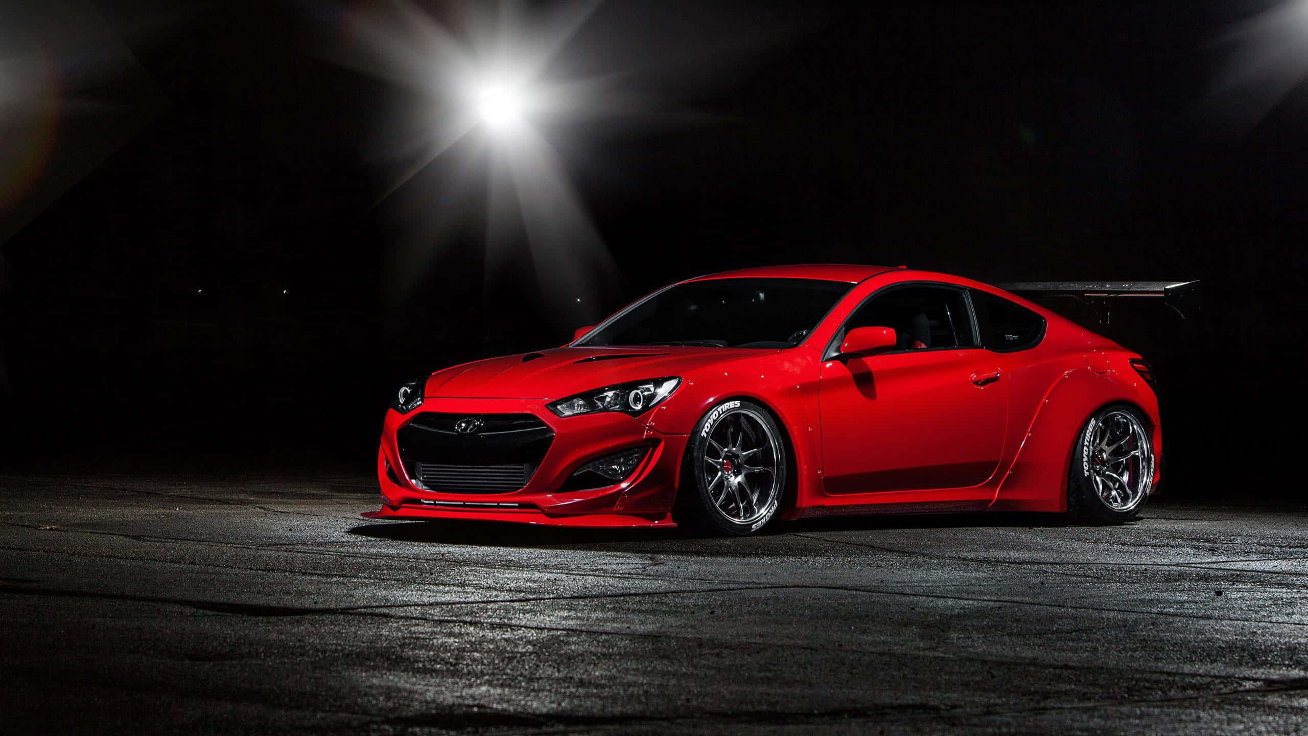 Hyundai Genesis, glossy red, wide body kit, 2K Desktop Wallpaper