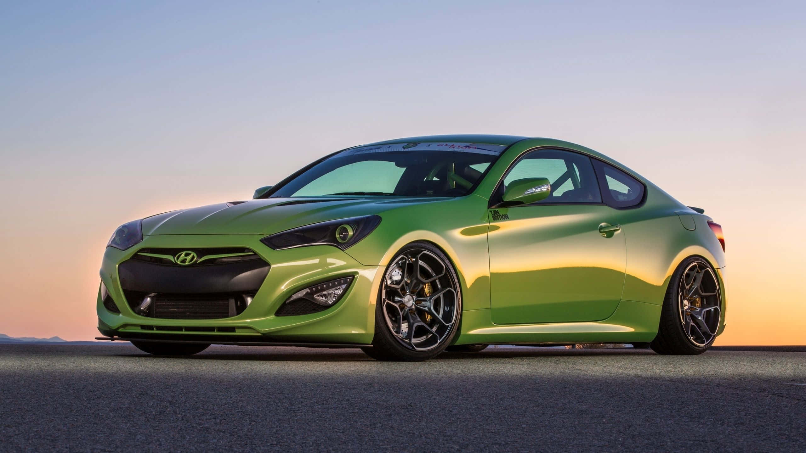 Hyundai Genesis, lime green, sunset sky, 2K Desktop Wallpaper