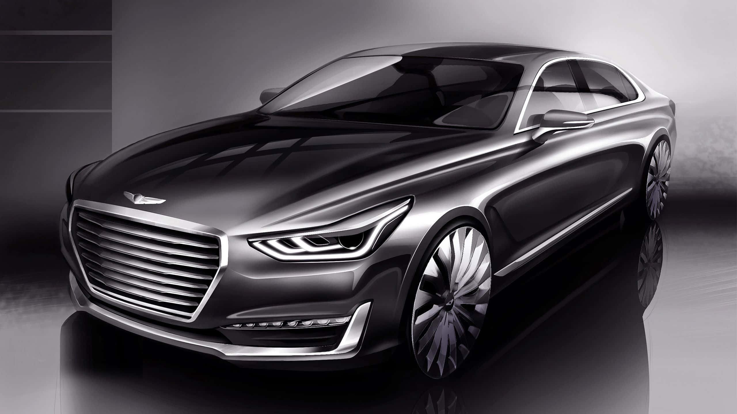Hyundai Genesis, futuristic silver sedan, sharp lines, 2K Desktop Wallpaper