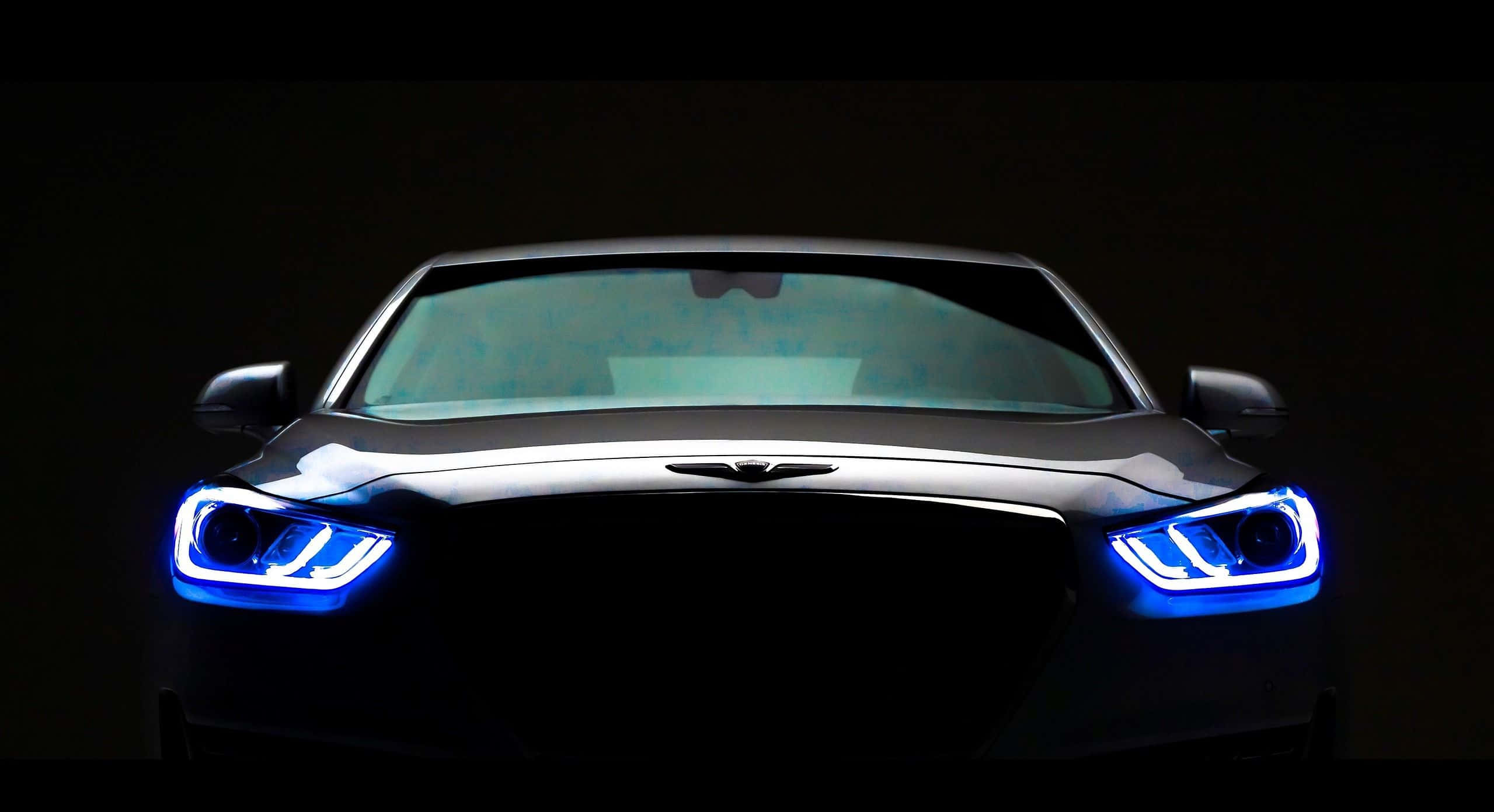 Hyundai Genesis, sleek black sports car, glowing blue headlights, Full HD Desktop Wallpaper