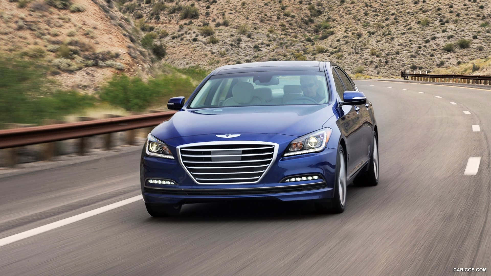 Hyundai Genesis, blue sedan, winding desert highway, Full HD Desktop Wallpaper