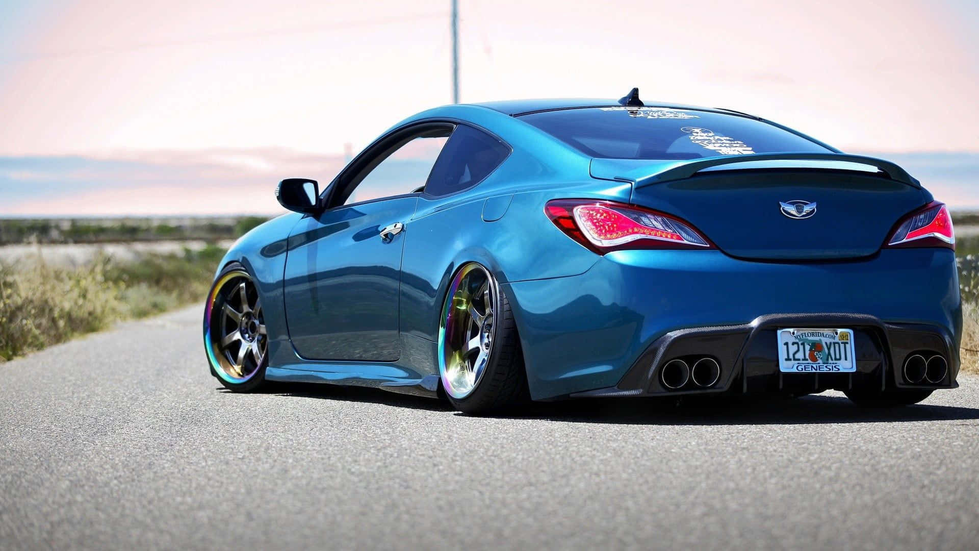 Hyundai Genesis, glossy blue, custom wheels, Full HD Desktop Wallpaper