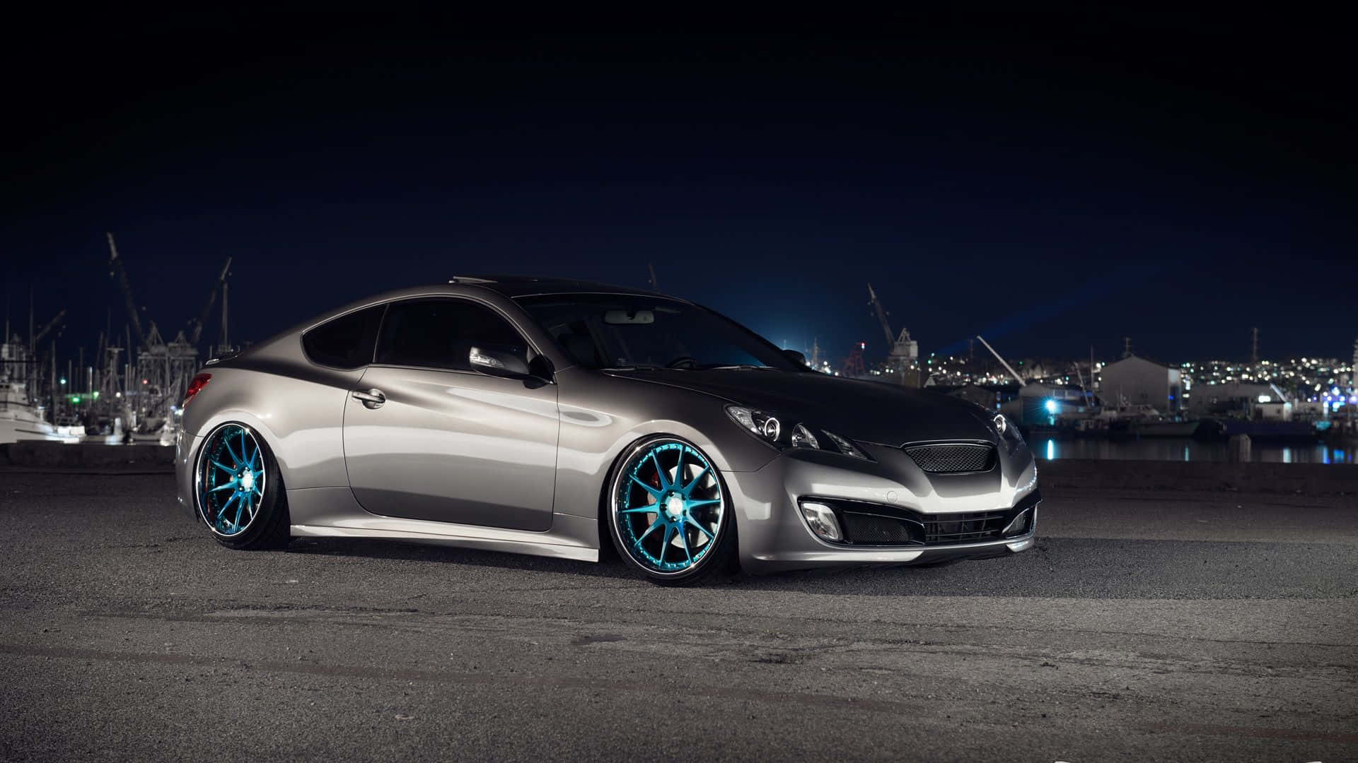Hyundai Genesis, silver, glowing blue rims, Full HD Desktop Wallpaper