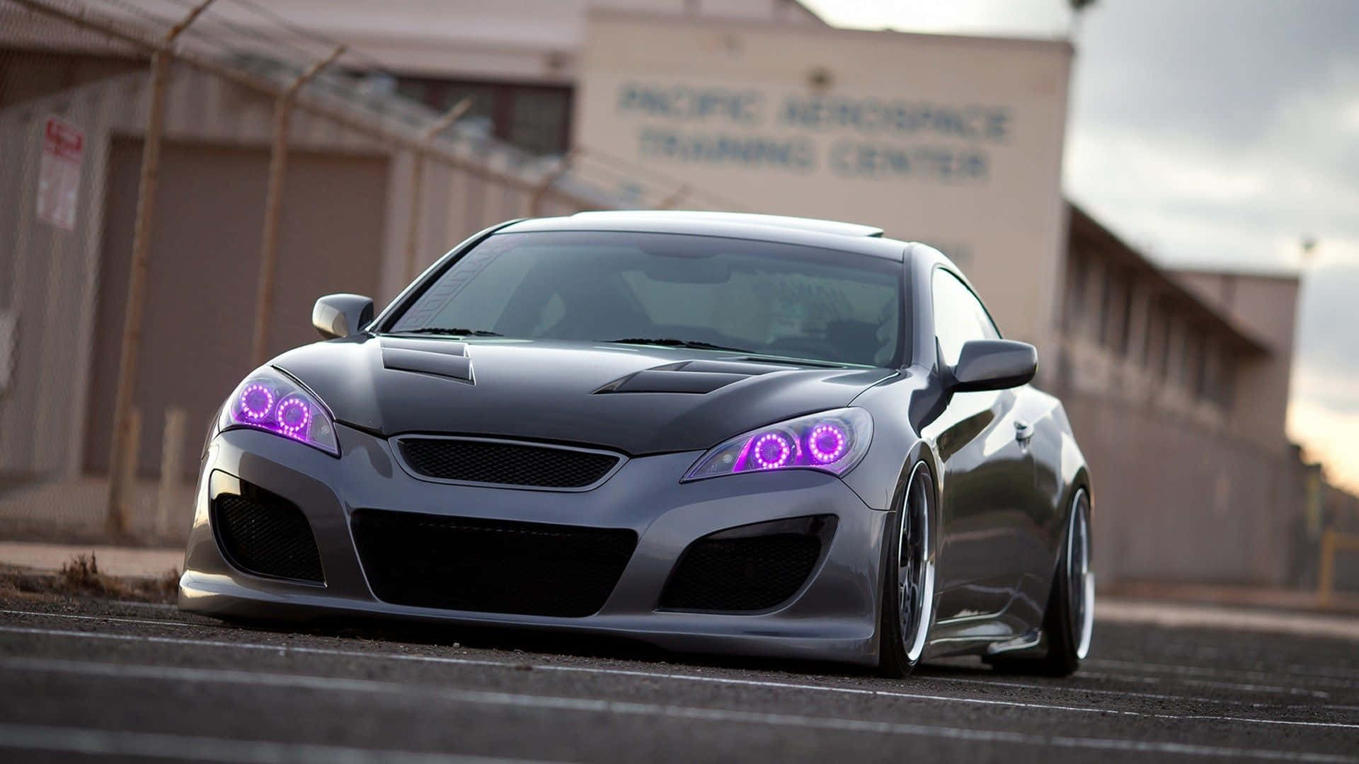 Hyundai Genesis, sleek silver sports car, glowing purple headlights, Full HD Desktop Wallpaper