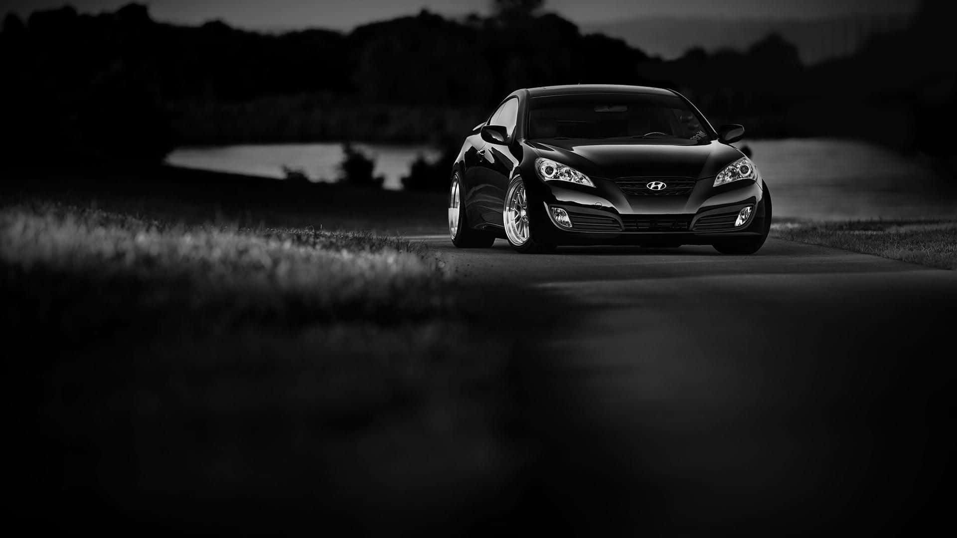 Hyundai Genesis, sleek black sports car, winding road, Full HD Desktop Wallpaper