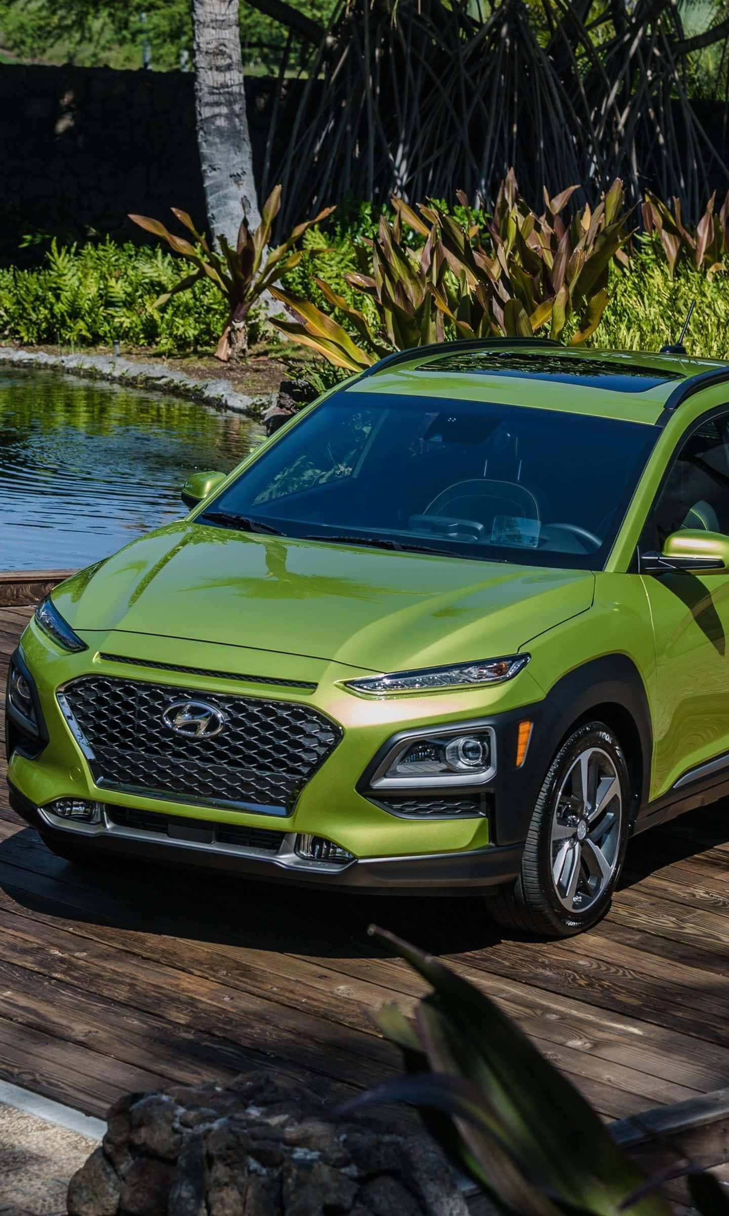 Hyundai Kona, lime green, wooden deck, Full HD Phone Wallpaper
