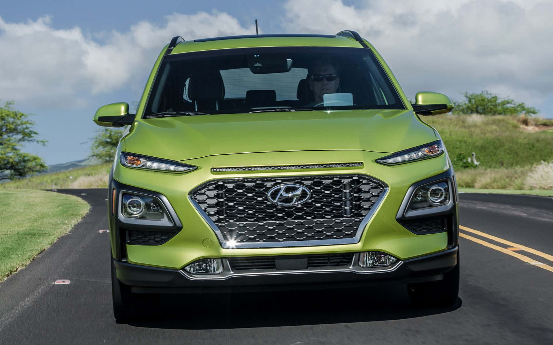 Hyundai Kona, lime green, winding road, Full HD Desktop Wallpaper
