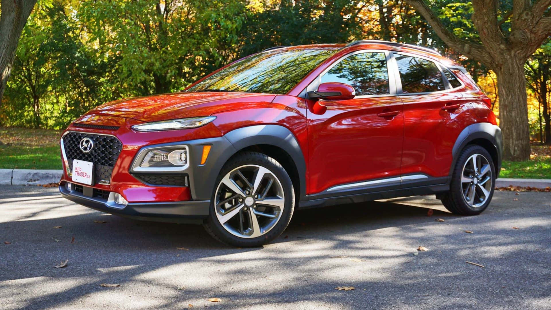Hyundai Kona, glossy red, tree-lined street, Full HD Desktop Wallpaper