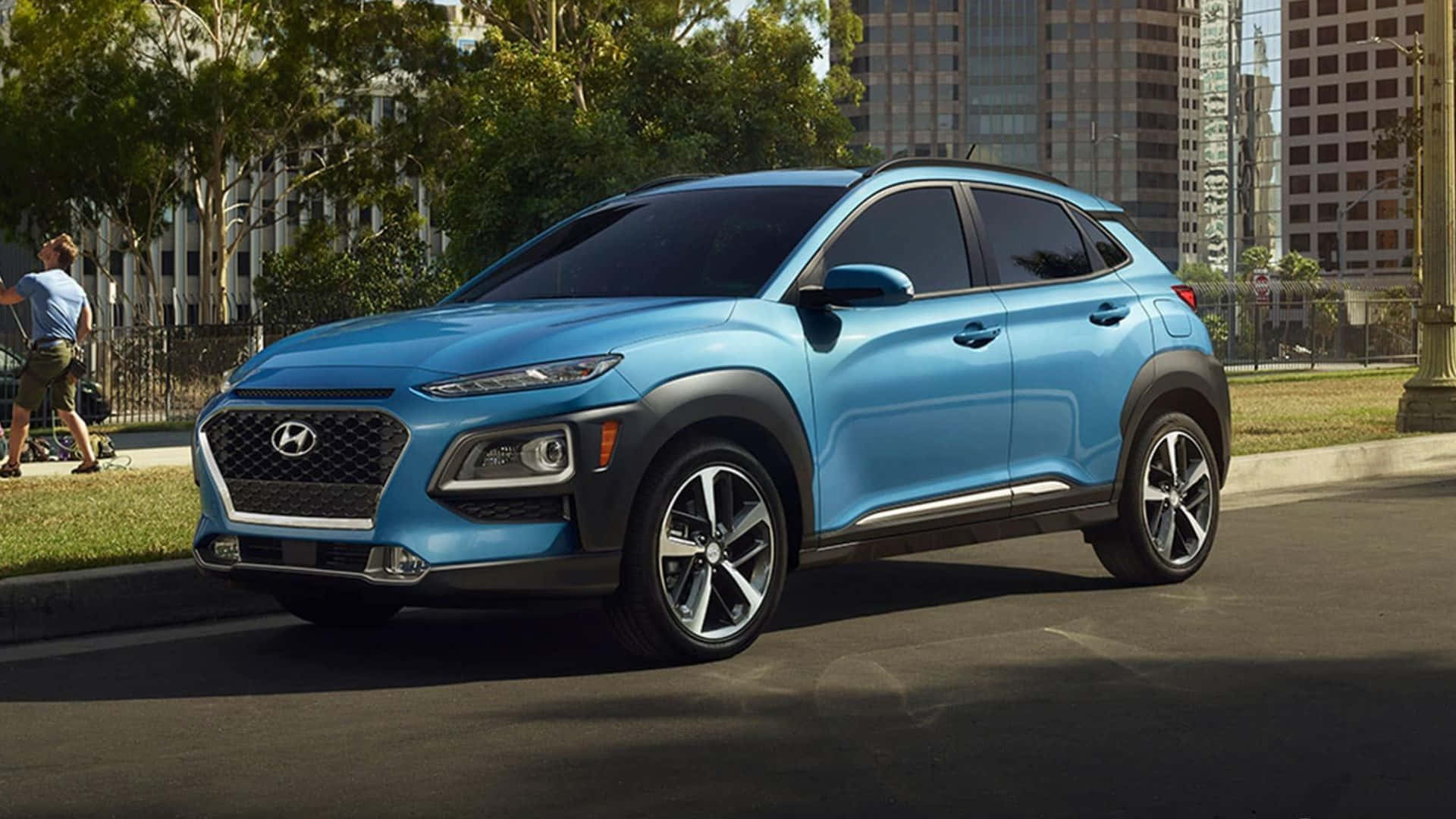 Hyundai Kona, vibrant blue, city street, Full HD Desktop Wallpaper