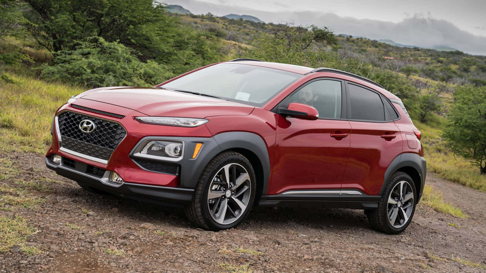 Hyundai Kona, glossy red, Sunset, Full HD Desktop Wallpaper