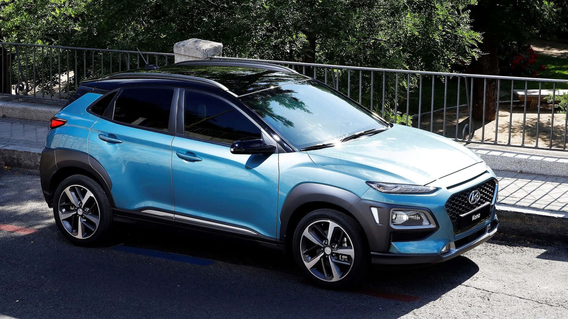 Hyundai Kona, vibrant blue, sunlit street, Full HD Desktop Wallpaper