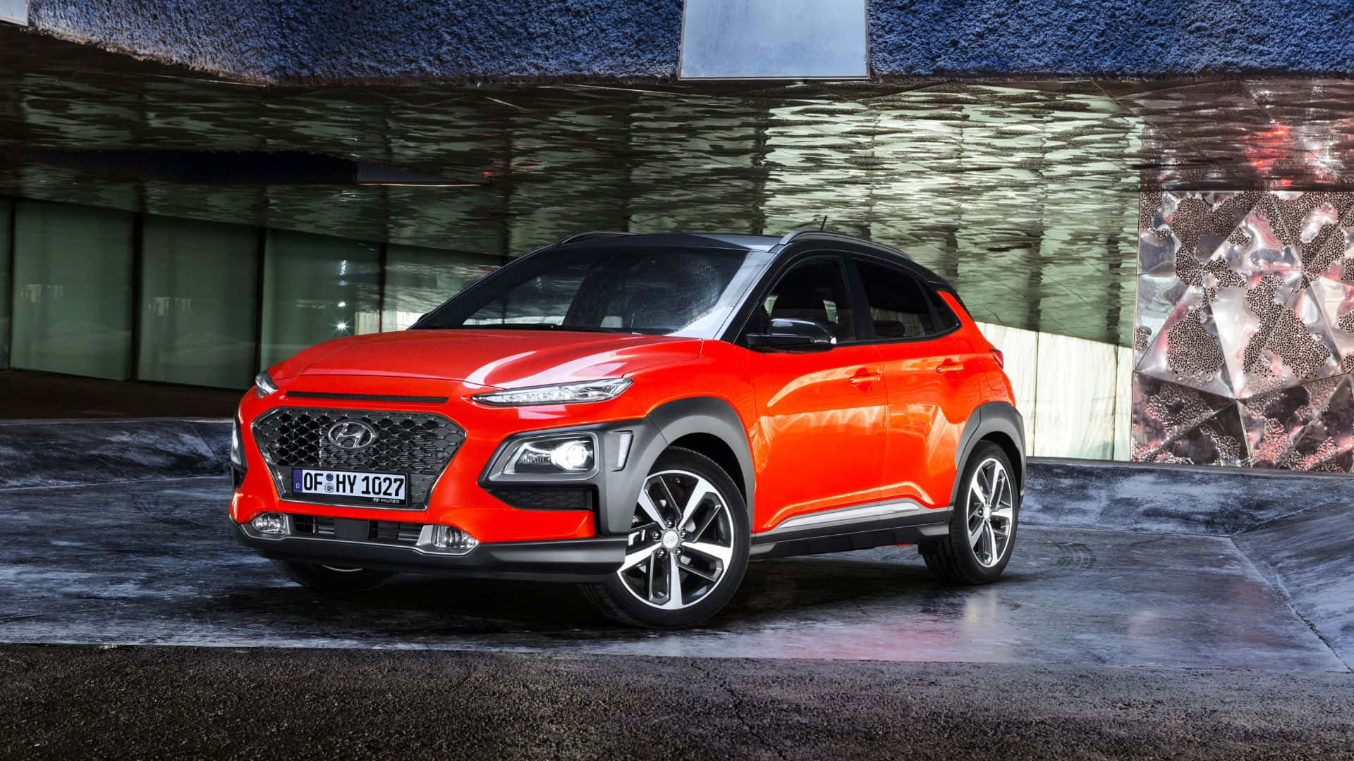Hyundai Kona, orange, modern building, Full HD Desktop Wallpaper