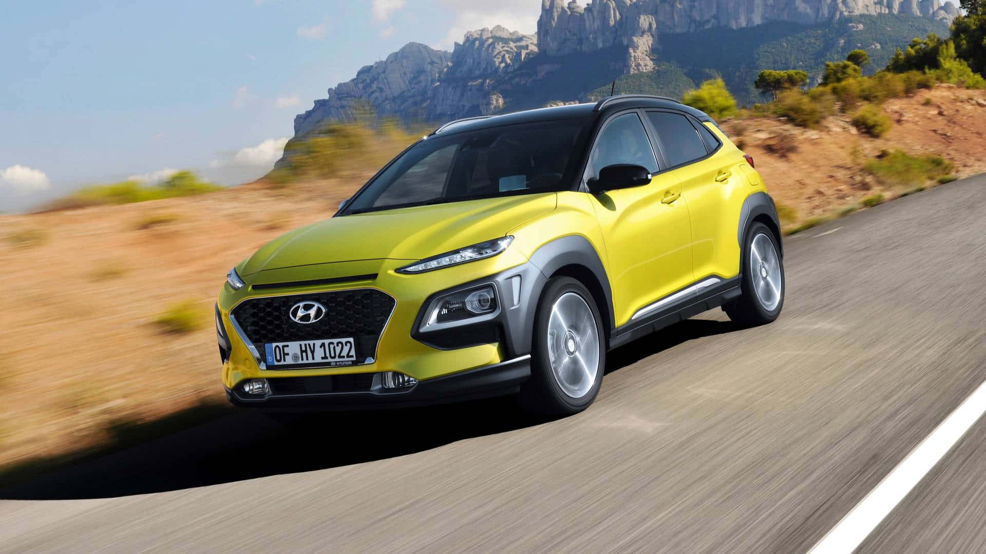 Hyundai Kona, vibrant yellow, winding mountain road, Full HD Desktop Wallpaper