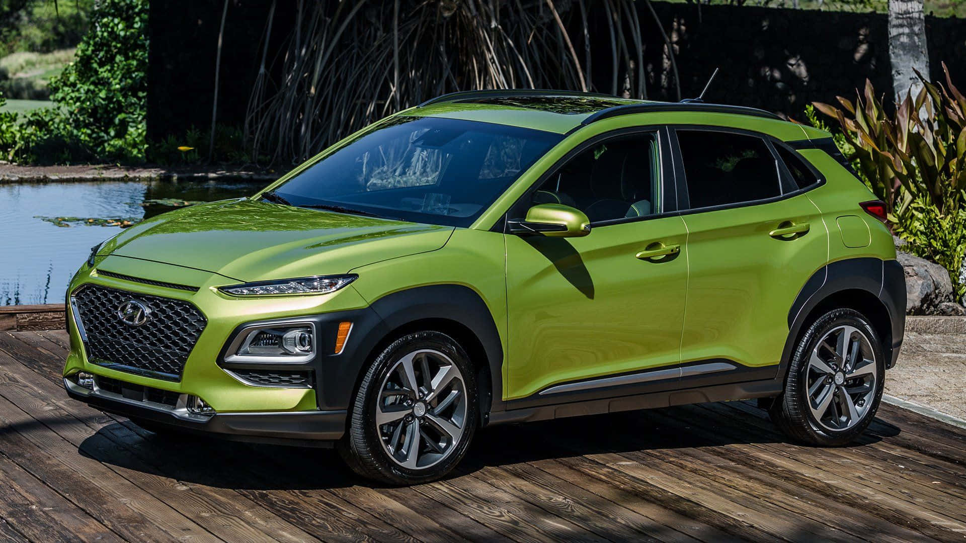Hyundai Kona, lime green, wooden deck, Full HD Desktop Wallpaper