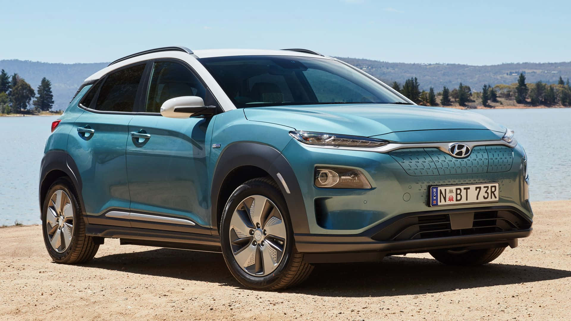Hyundai Kona, teal, sandy shore, Full HD Desktop Wallpaper