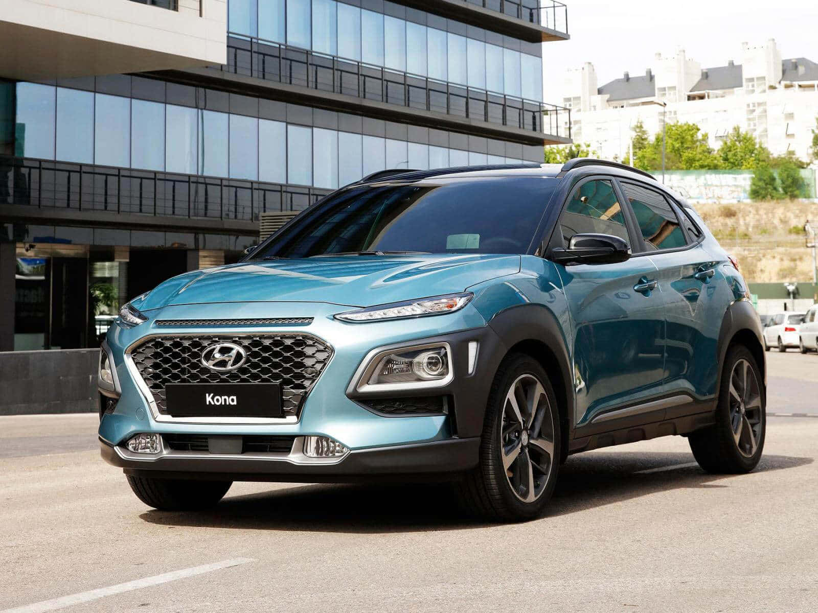 Hyundai Kona, turquoise, modern glass building, HD Desktop Wallpaper