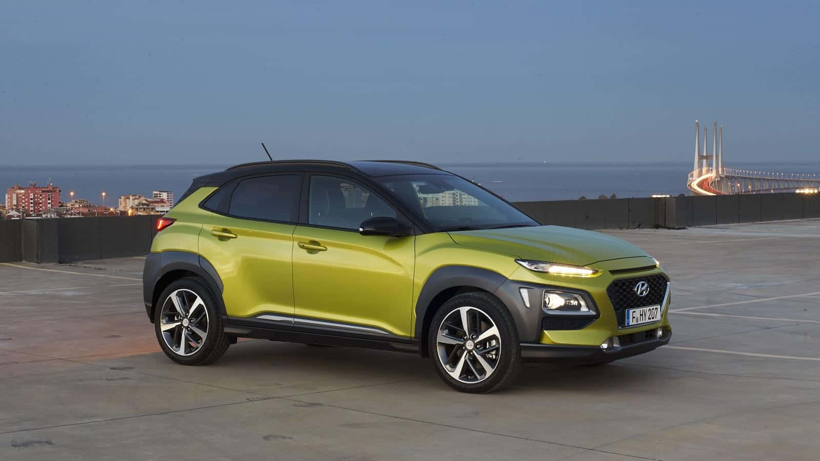 Hyundai Kona, lime green, seaside overlook, HD Desktop Wallpaper