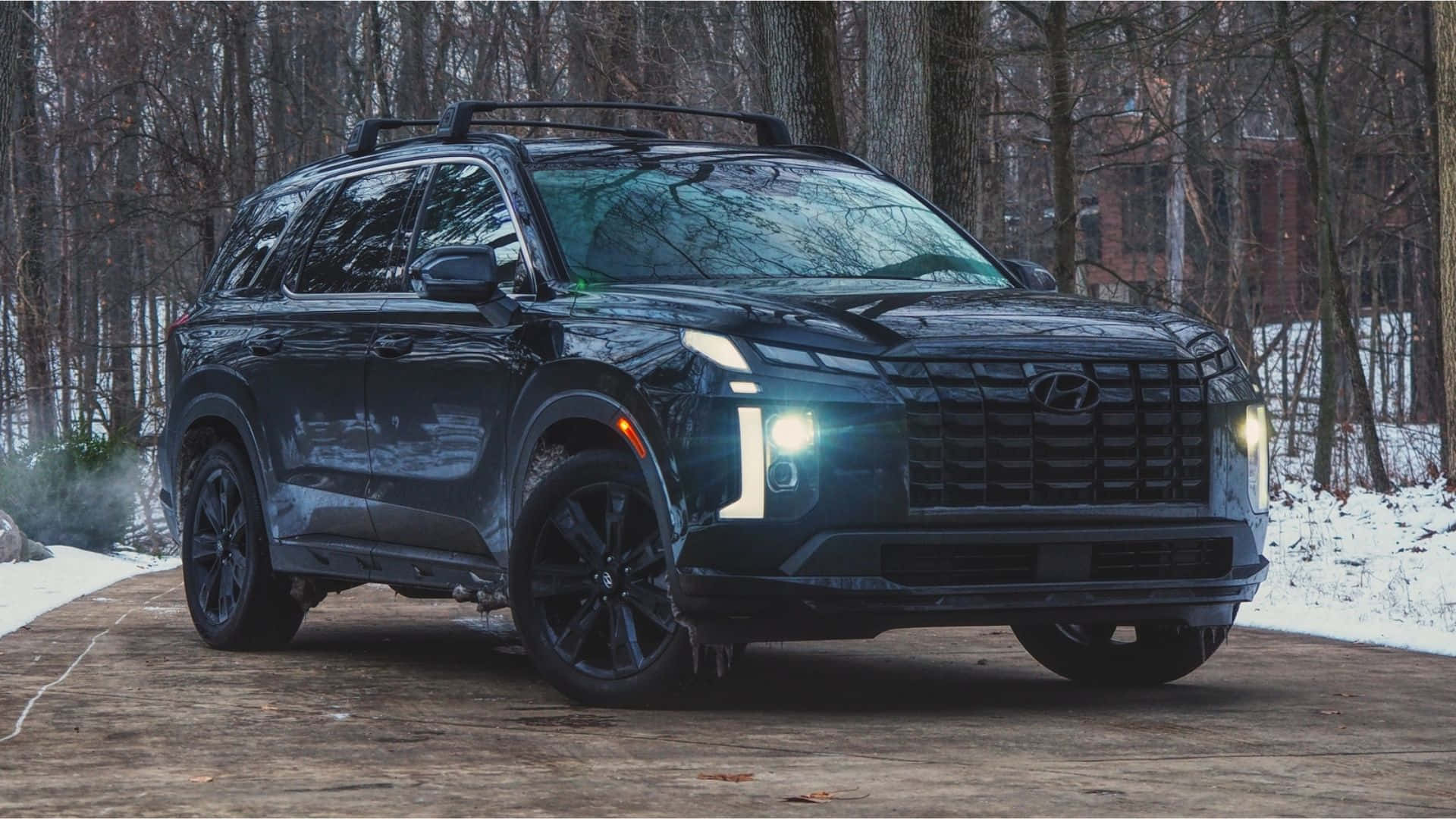 Hyundai Palisade, sleek black, glowing headlights, Full HD Desktop Wallpaper