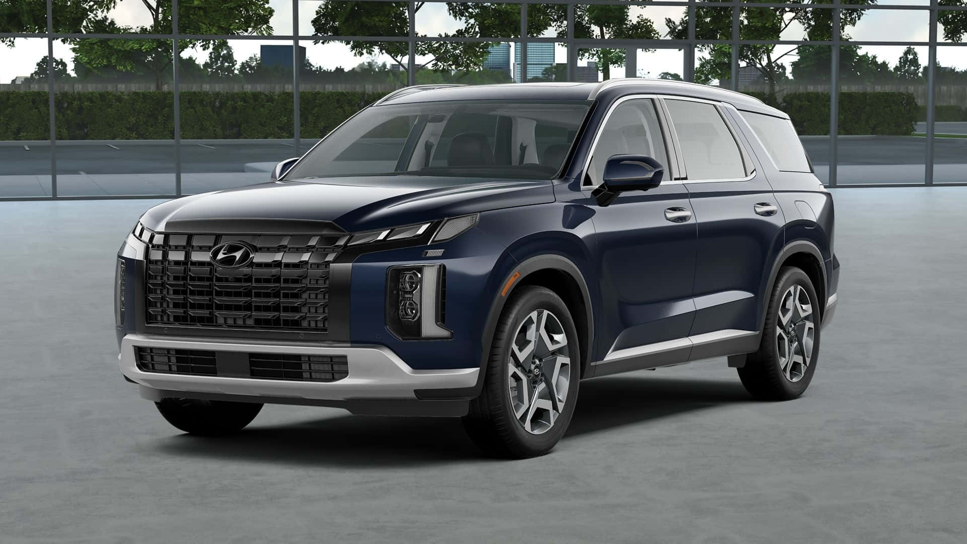 Hyundai Palisade, dark blue, modern glass-walled studio, Full HD Desktop Wallpaper