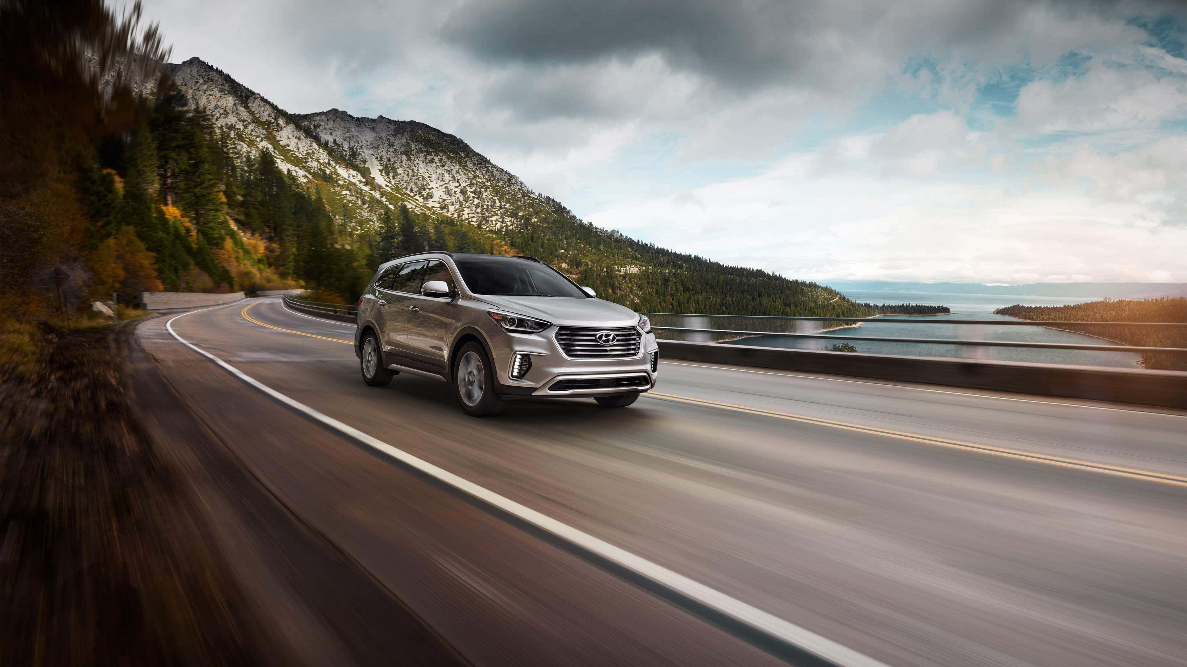 Hyundai Santa Fe, silver, mountain road, 4K Desktop Wallpaper