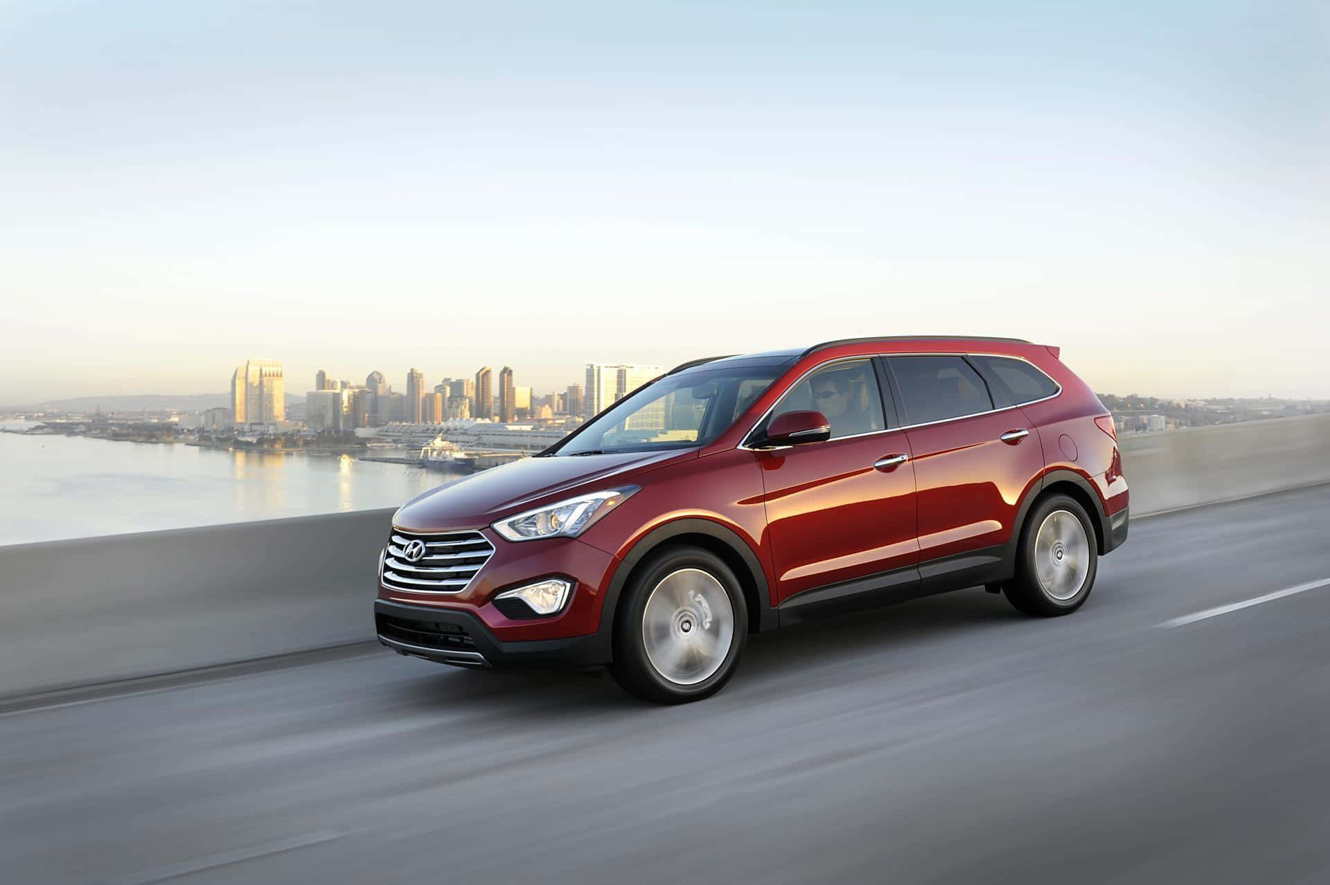 Hyundai Santa Fe, glossy red, highway, Full HD Desktop Wallpaper