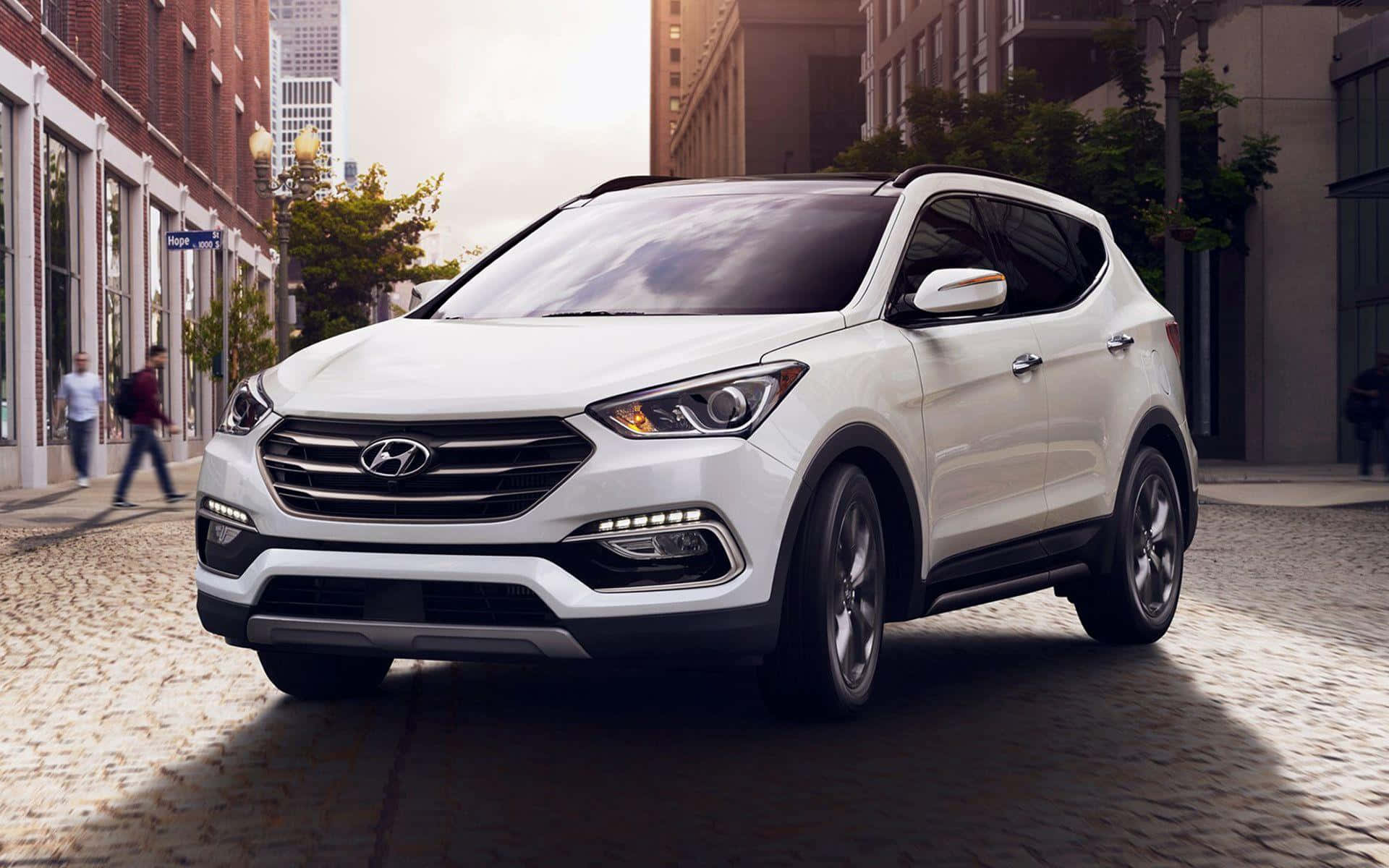 Hyundai Santa Fe, white, cobblestone city street, Full HD Desktop Wallpaper