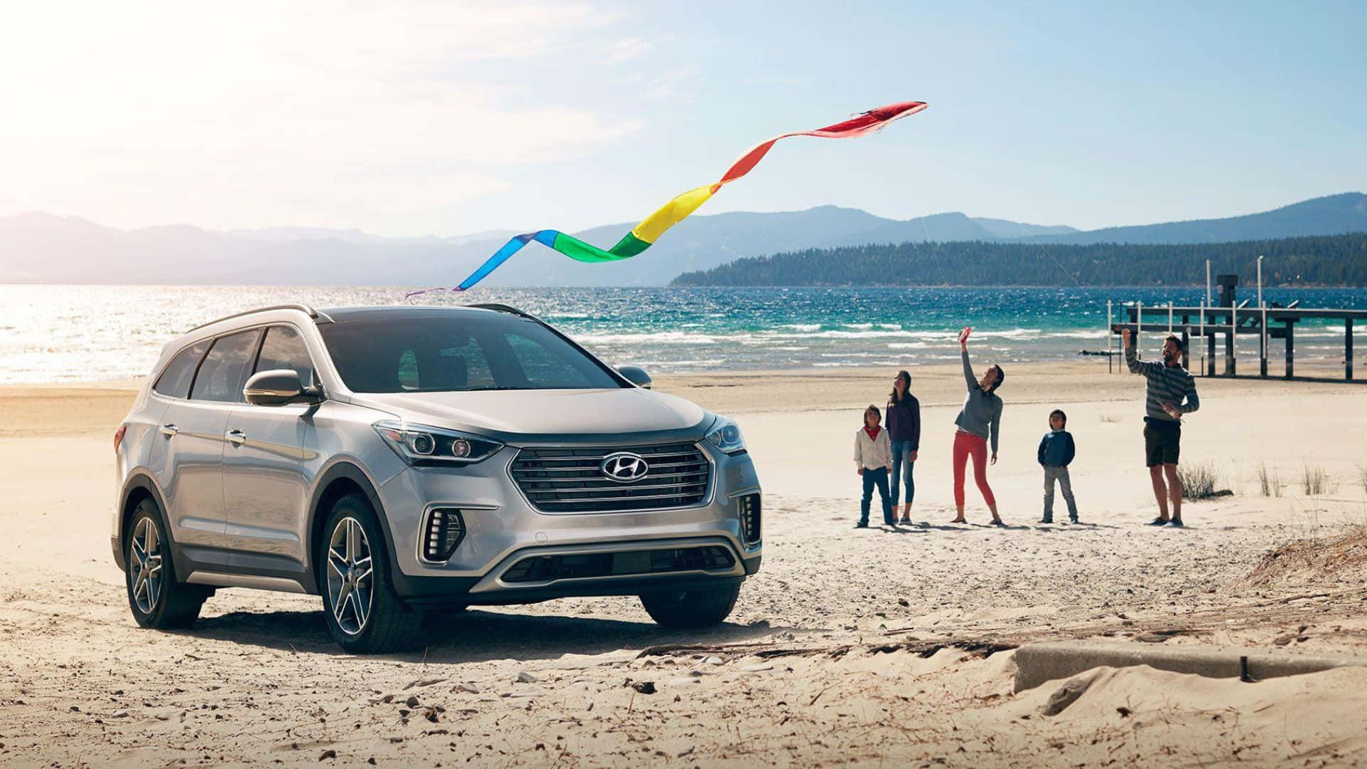 Hyundai Santa Fe, silver, sunny beach, Full HD Desktop Wallpaper