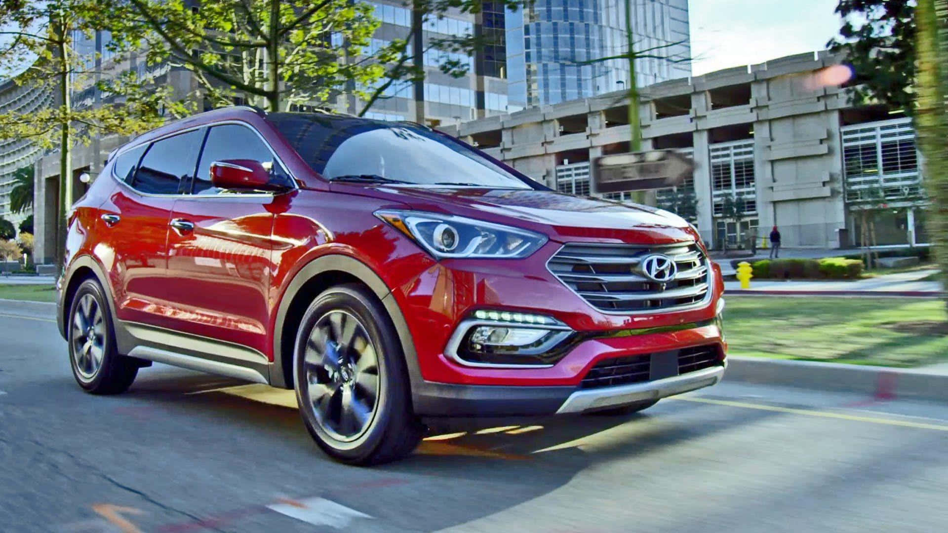 Hyundai Santa Fe, glossy red, sunlit city street, Full HD Desktop Wallpaper