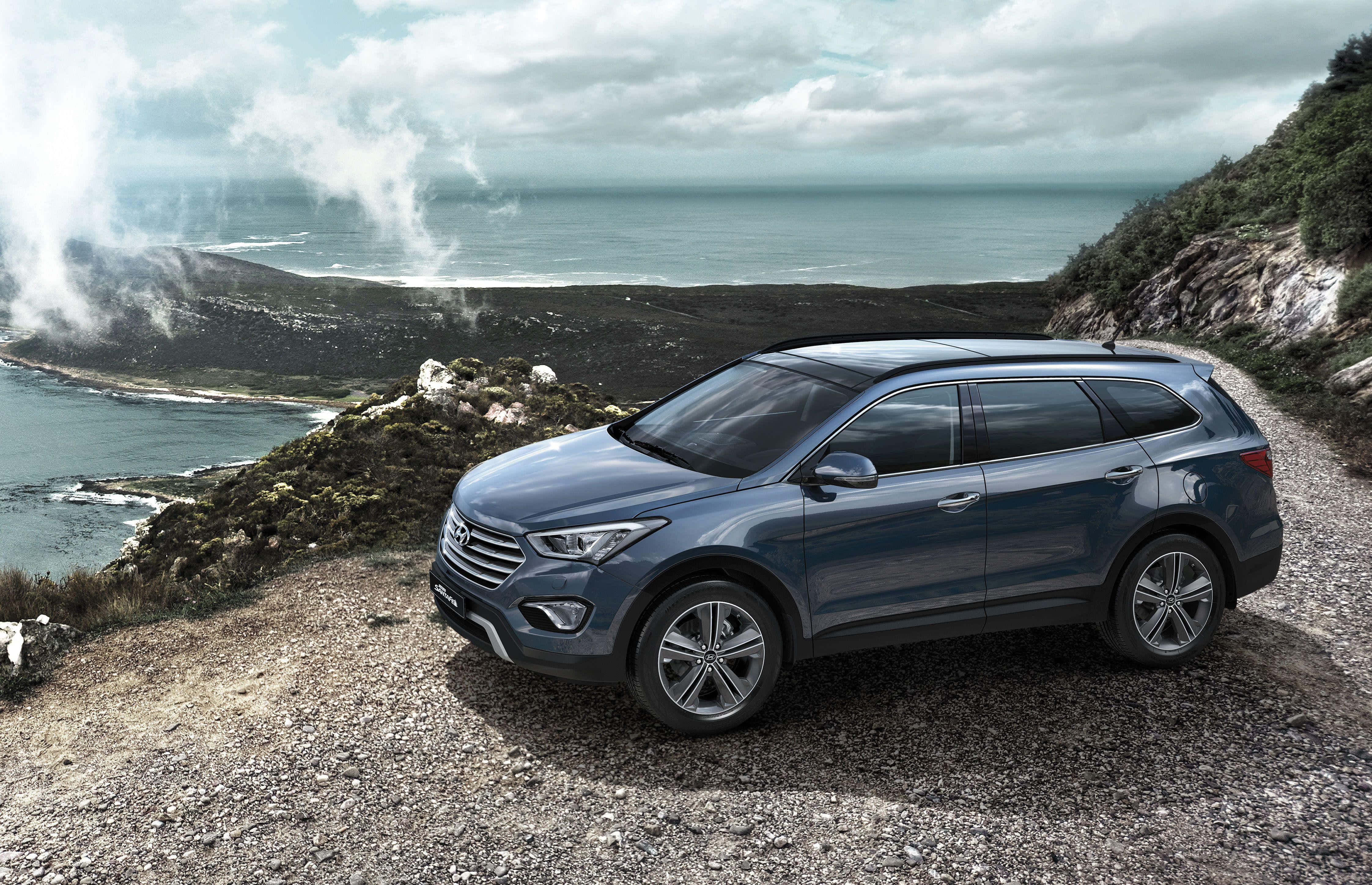 Hyundai Santa Fe, blue, coastal cliff, 4K Desktop Wallpaper