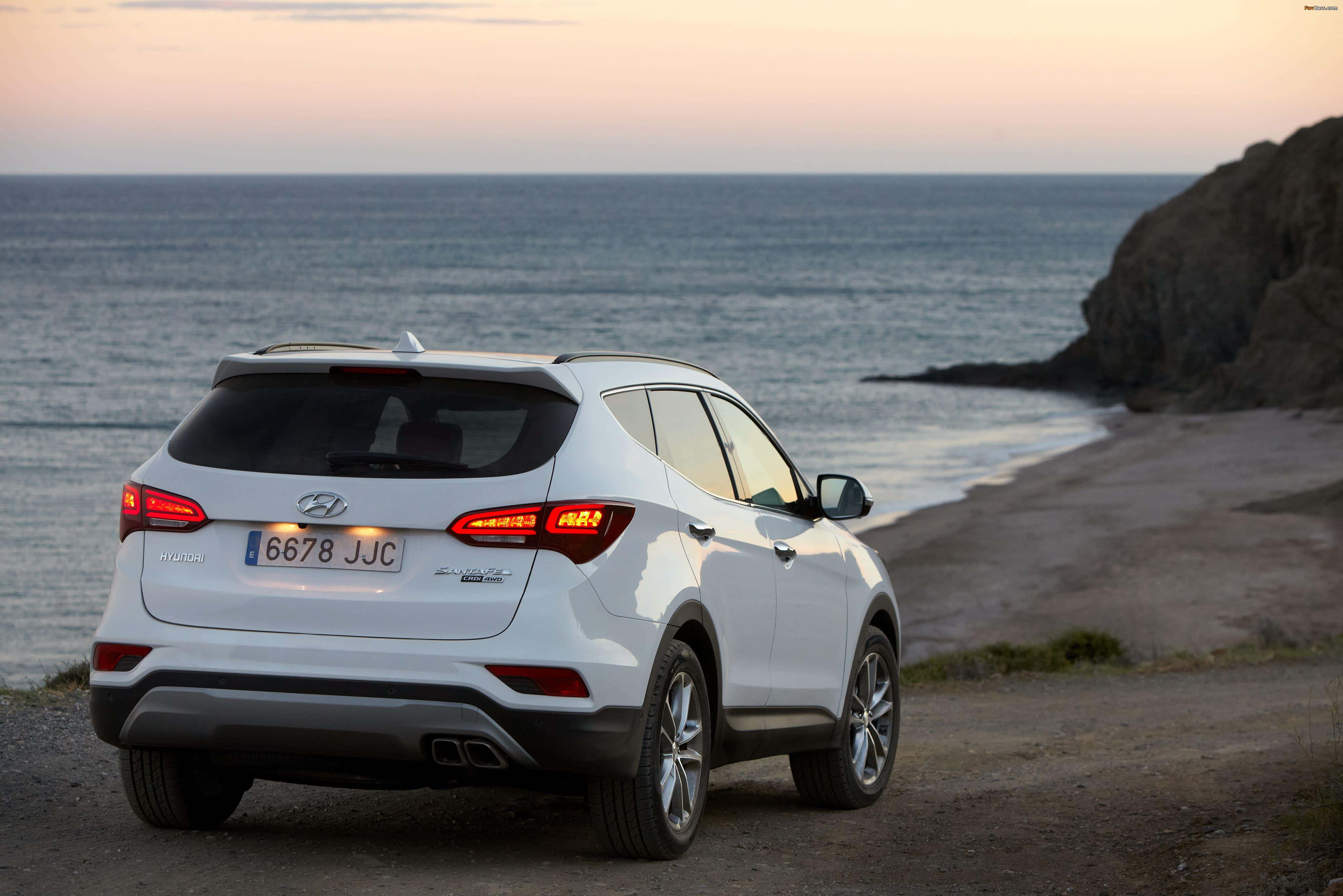 Hyundai Santa Fe, white, coastal dirt road, 4K Desktop Wallpaper