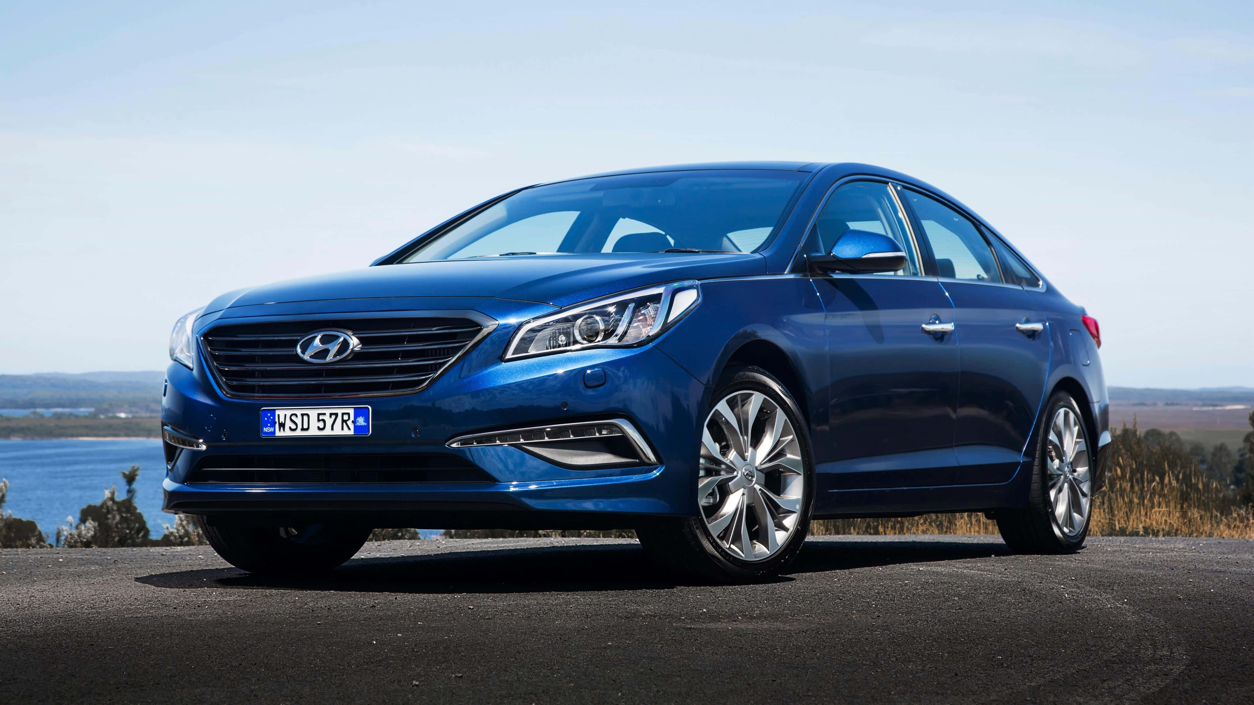 Hyundai Sonata, blue, coastal road, 4K Desktop Wallpaper