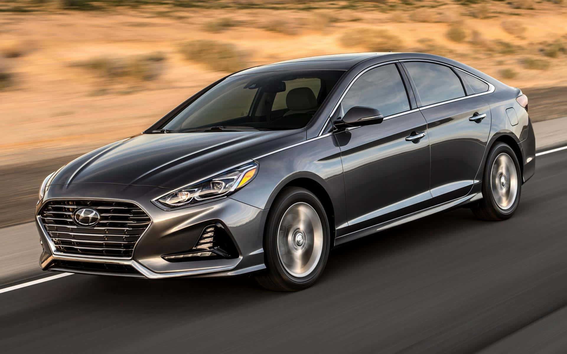 Hyundai Sonata, silver, desert highway, Full HD Desktop Wallpaper