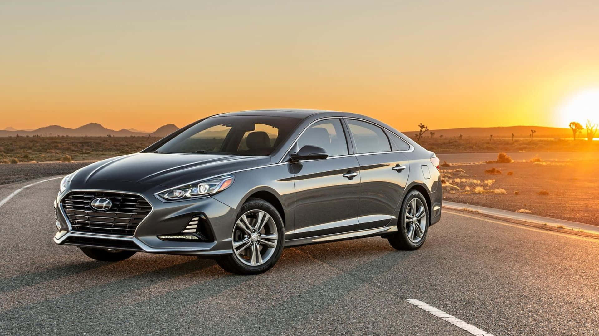 Hyundai Sonata, silver, desert highway, Full HD Desktop Wallpaper