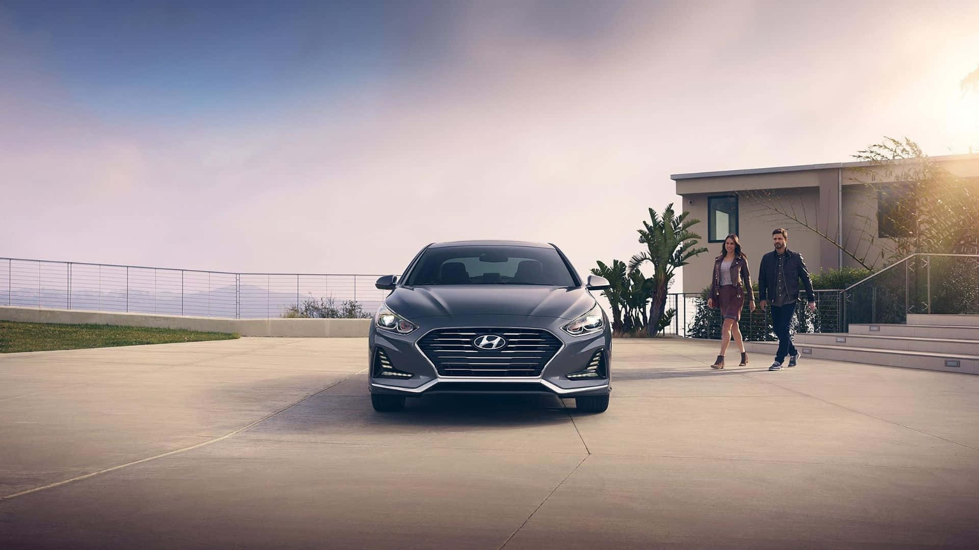 Hyundai Sonata, gray, modern driveway, Full HD Desktop Wallpaper