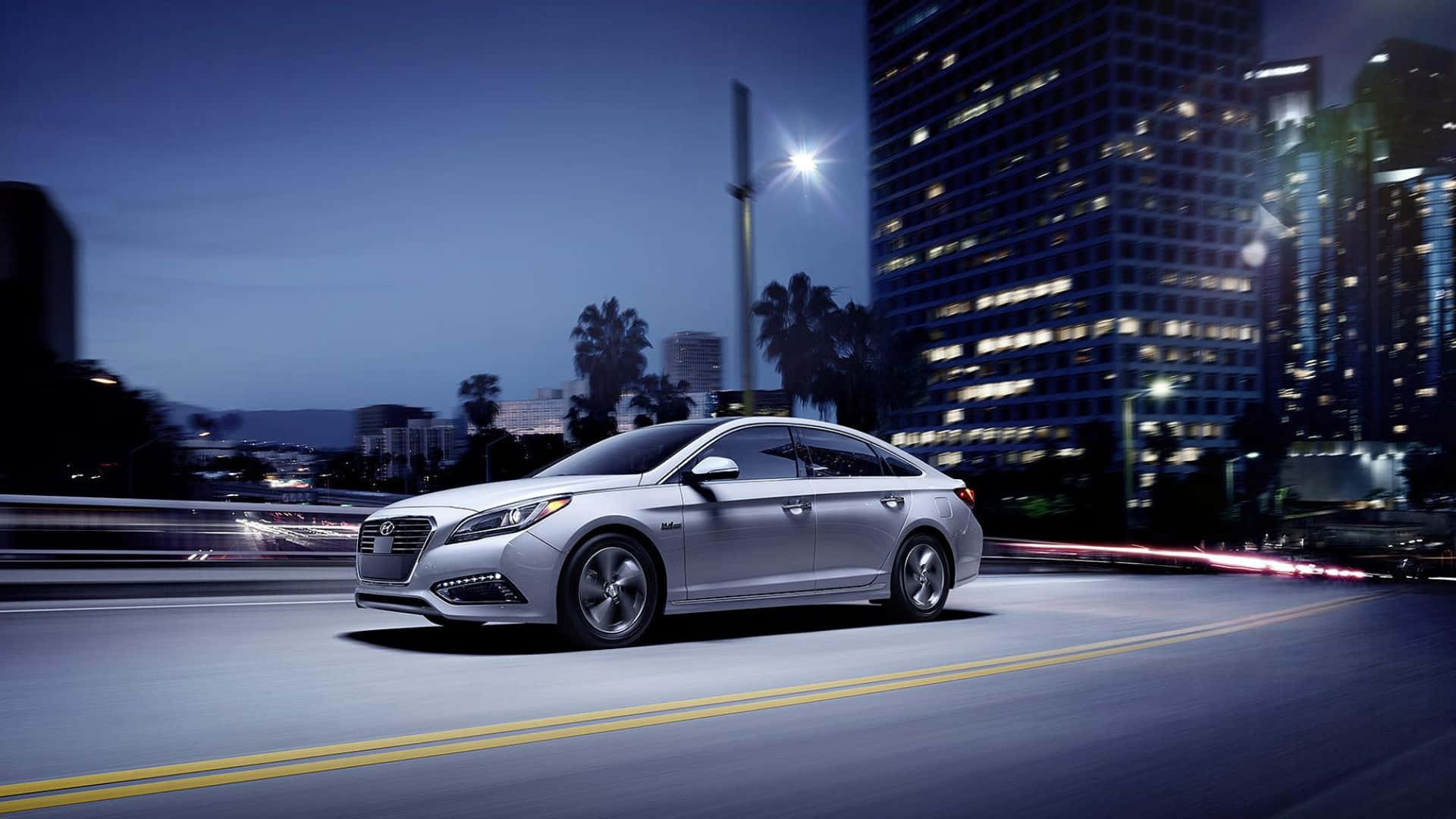 Hyundai Sonata, silver, city at night, Full HD Desktop Wallpaper