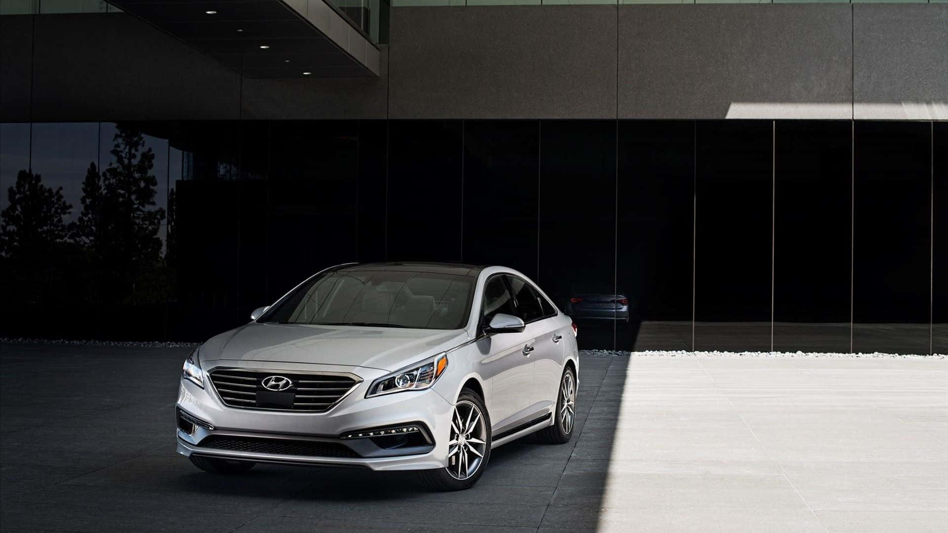 Hyundai Sonata, silver, modern glass building, Full HD Desktop Wallpaper