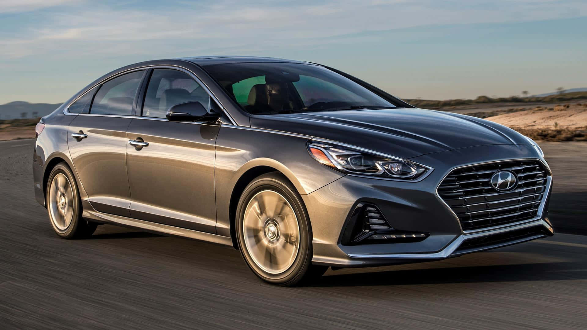 Hyundai Sonata, silver, desert road, Full HD Desktop Wallpaper
