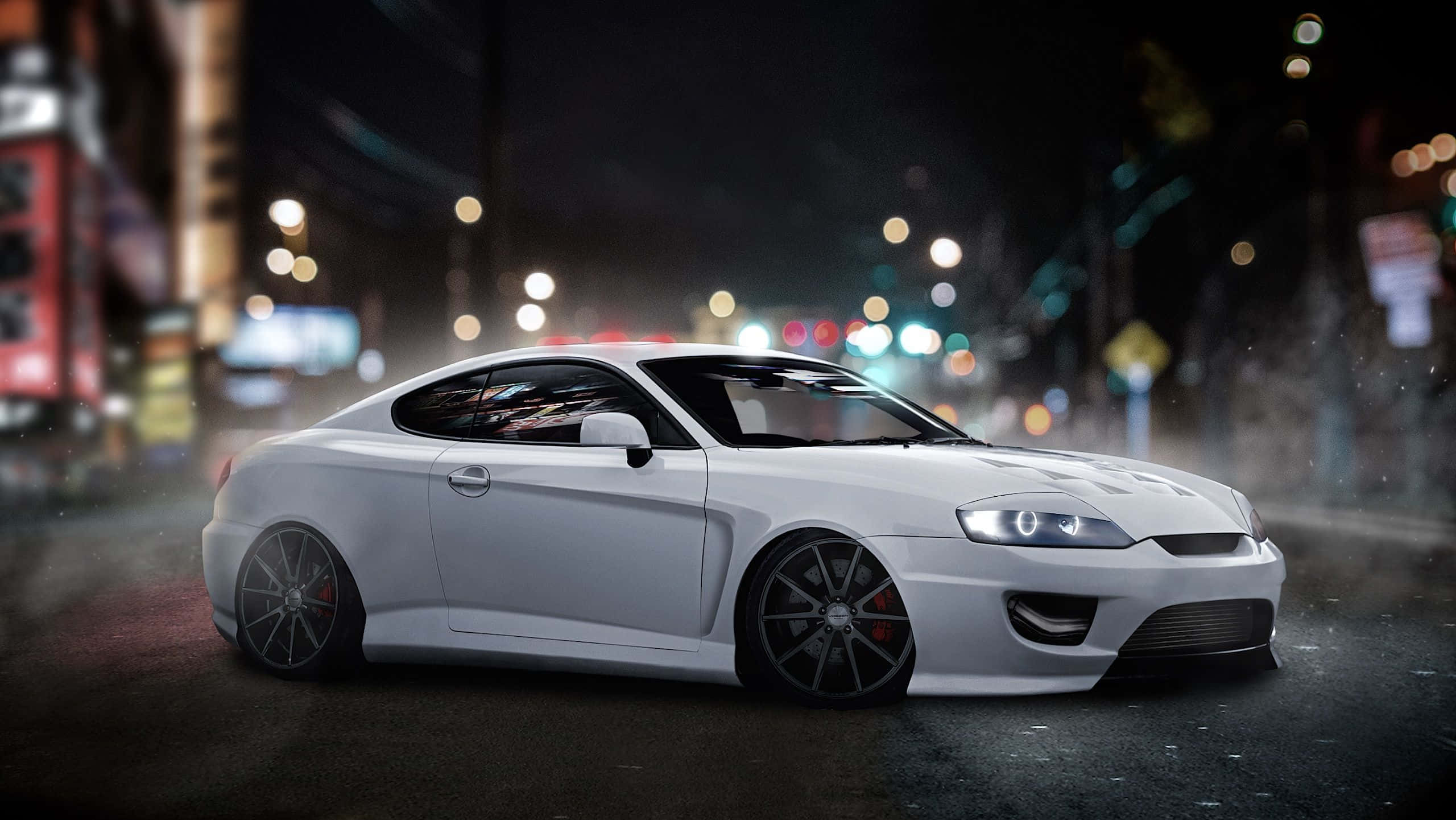 Hyundai Tiburon, white, rain-slicked city street, 2K Desktop Wallpaper