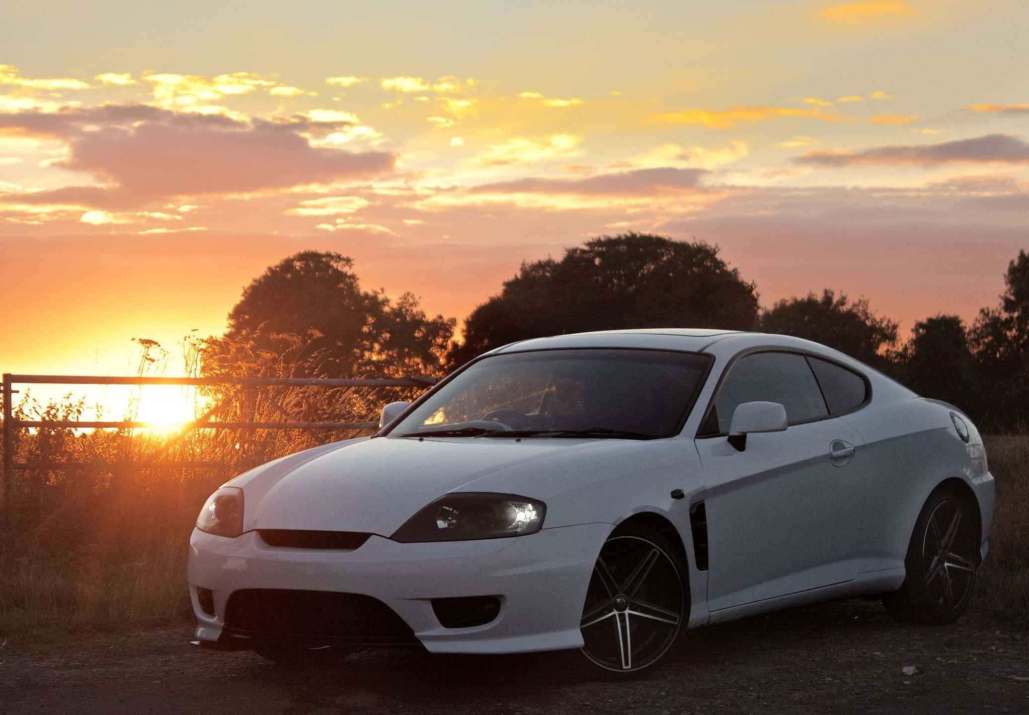 Hyundai Tiburon, sleek white sports car, sunset, Full HD Desktop Wallpaper