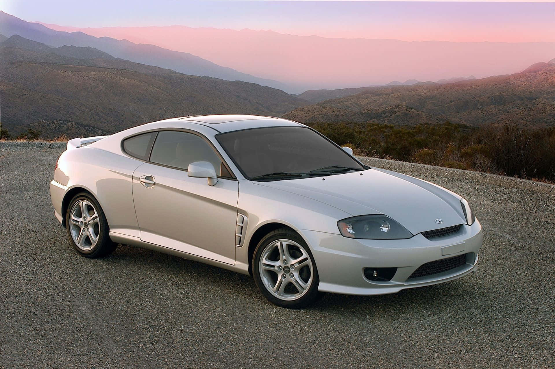 Hyundai Tiburon, silver, winding mountain road, Full HD Desktop Wallpaper