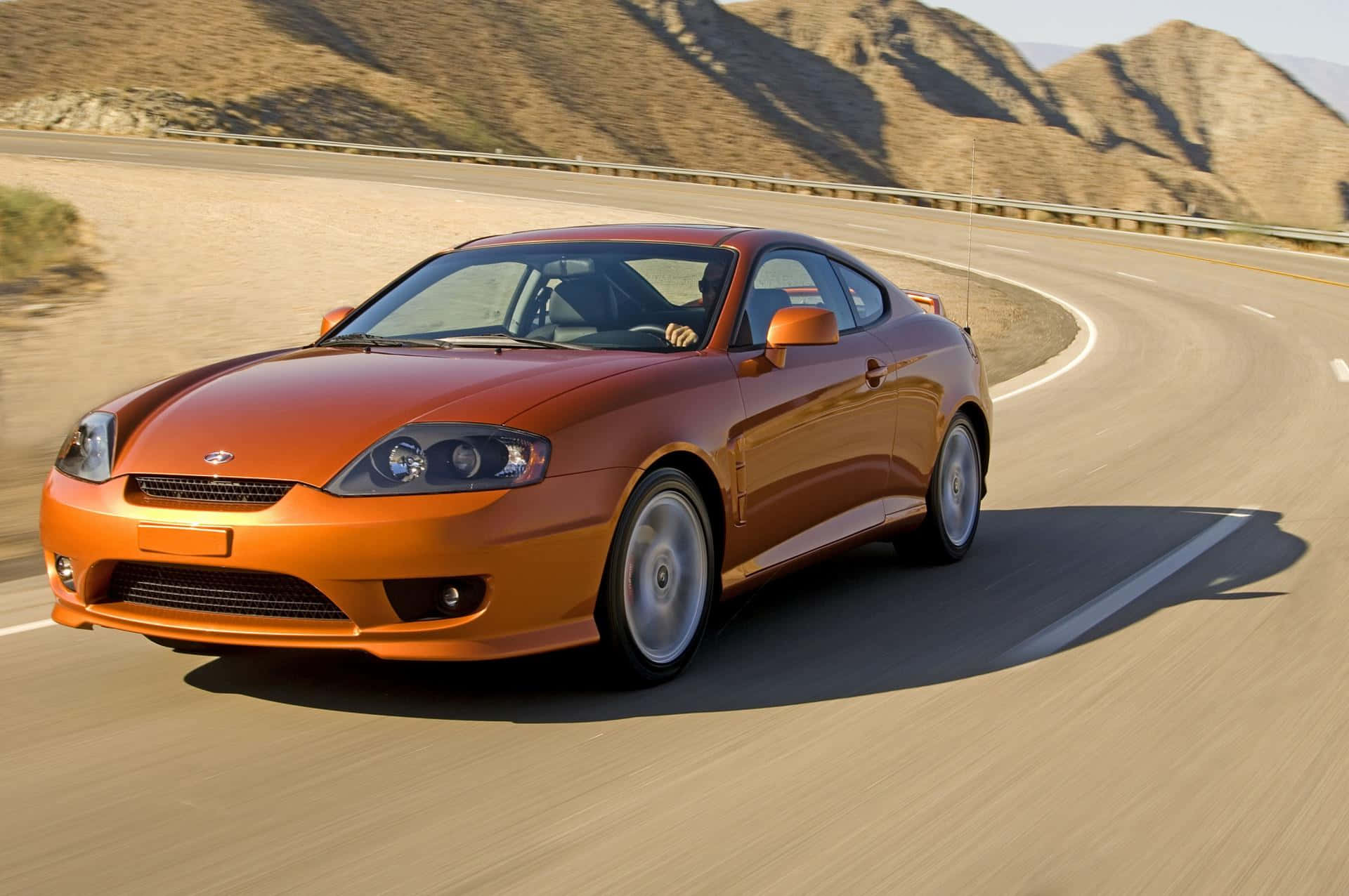 Hyundai Tiburon, orange, winding desert road, Full HD Desktop Wallpaper
