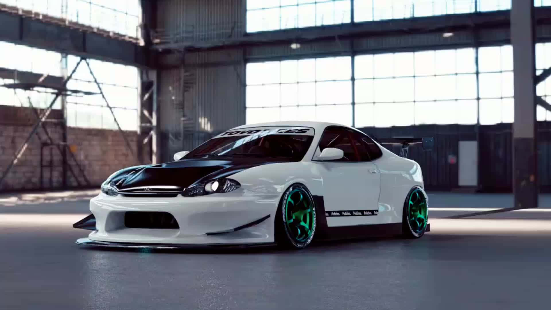 Hyundai Tiburon, white and black, glowing green wheels, Full HD Desktop Wallpaper