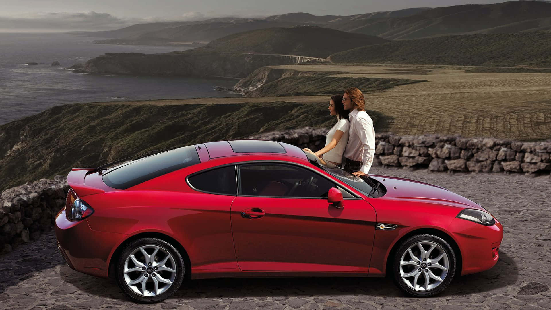 Hyundai Tiburon, glossy red, stone overlook, Full HD Desktop Wallpaper