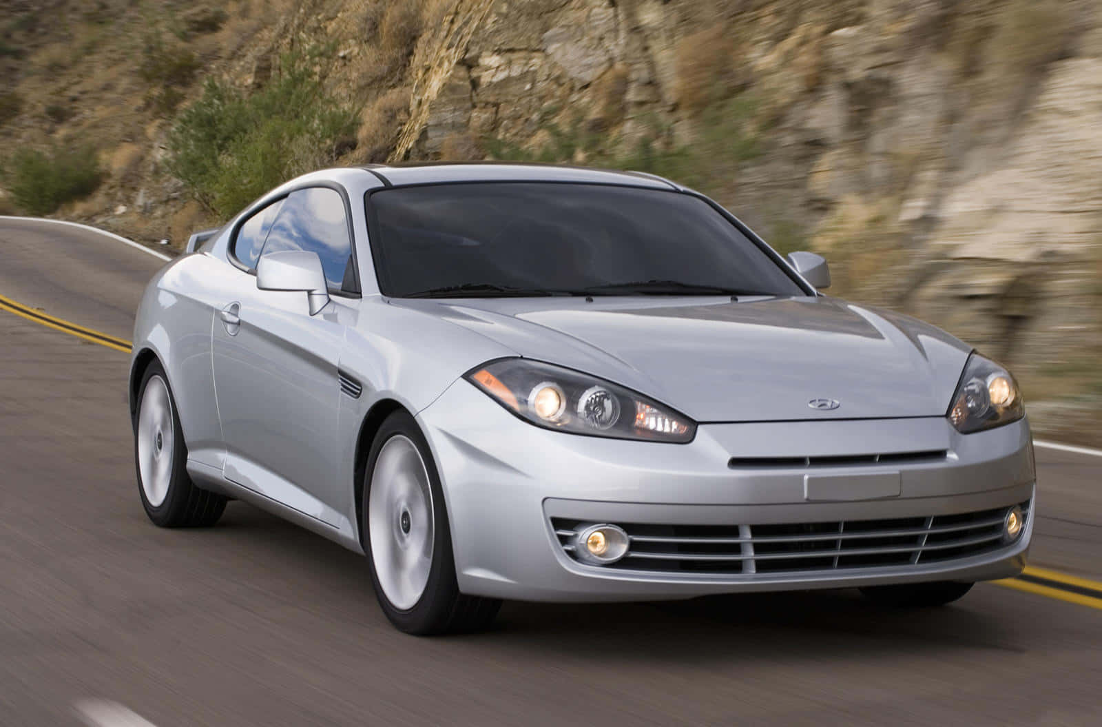 Hyundai Tiburon, silver, winding mountain road, HD Desktop Wallpaper