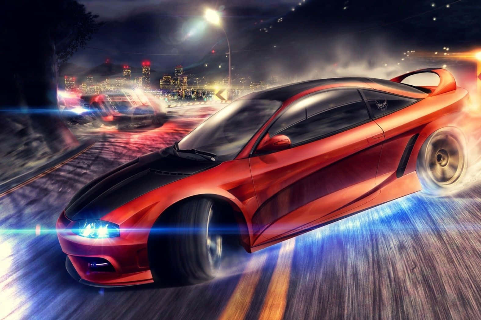 Hyundai Tiburon, fiery red, neon-lit city street, HD Desktop Wallpaper