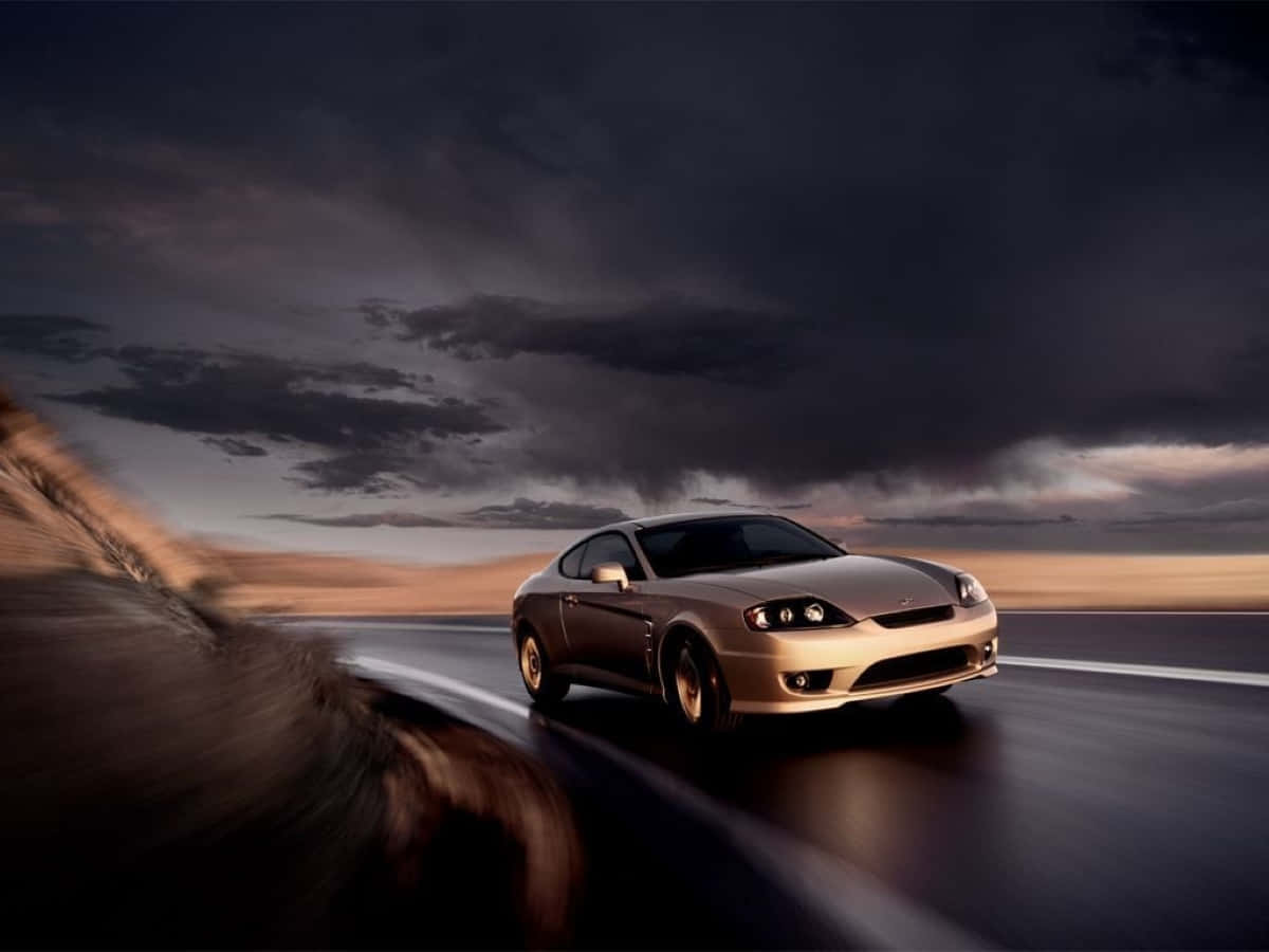 Hyundai Tiburon, gold, wet road, SD Desktop Wallpaper