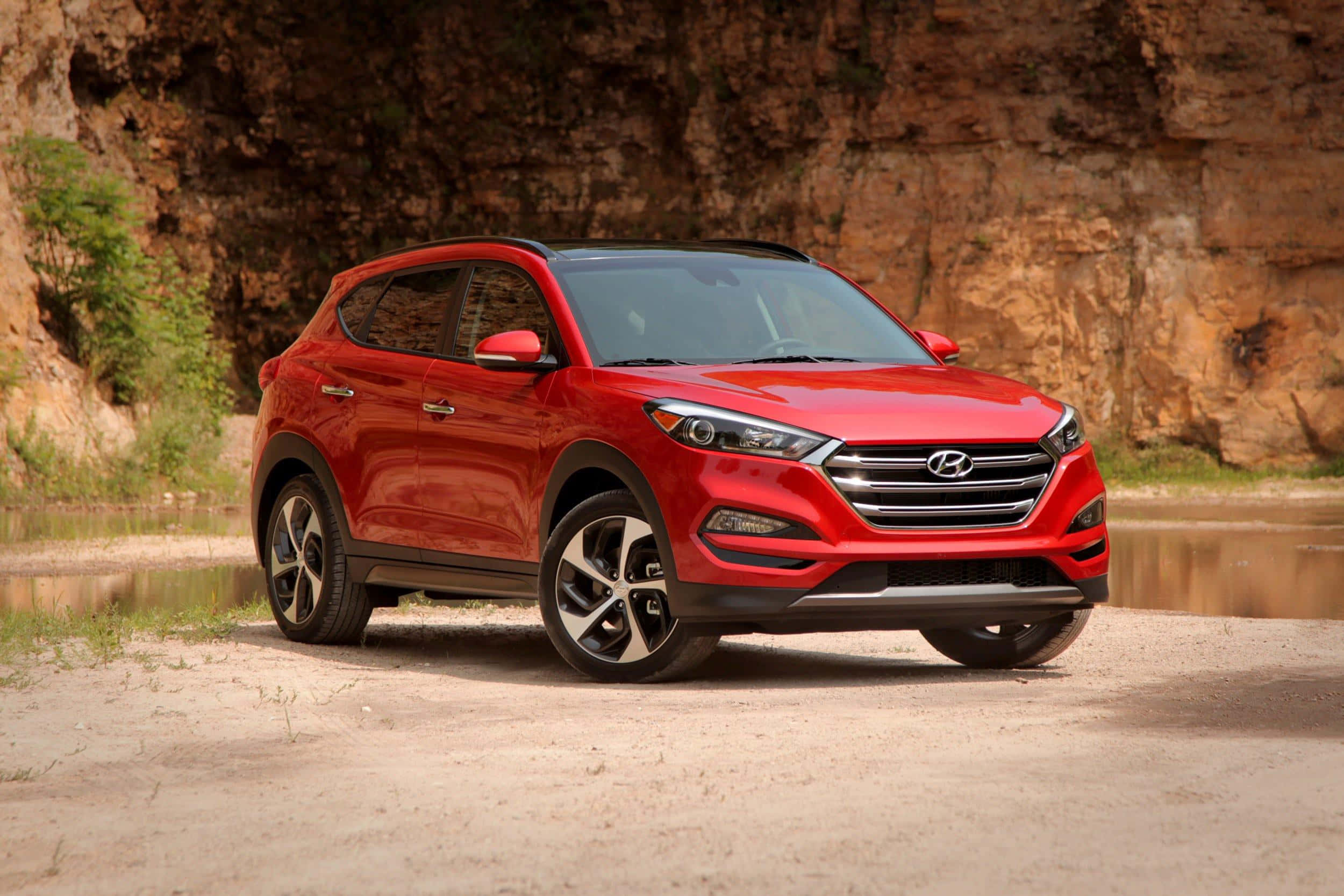 Hyundai Tucson, glossy red, sandy riverbank, Full HD Desktop Wallpaper